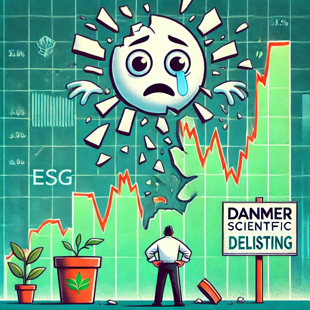 눈물 흘리는 캐릭터와 주가 폭락 그래프, ESG 테마 기업 Danimer Scientific의 상장폐지를 상징적으로 표현한 일러스트 이미지.