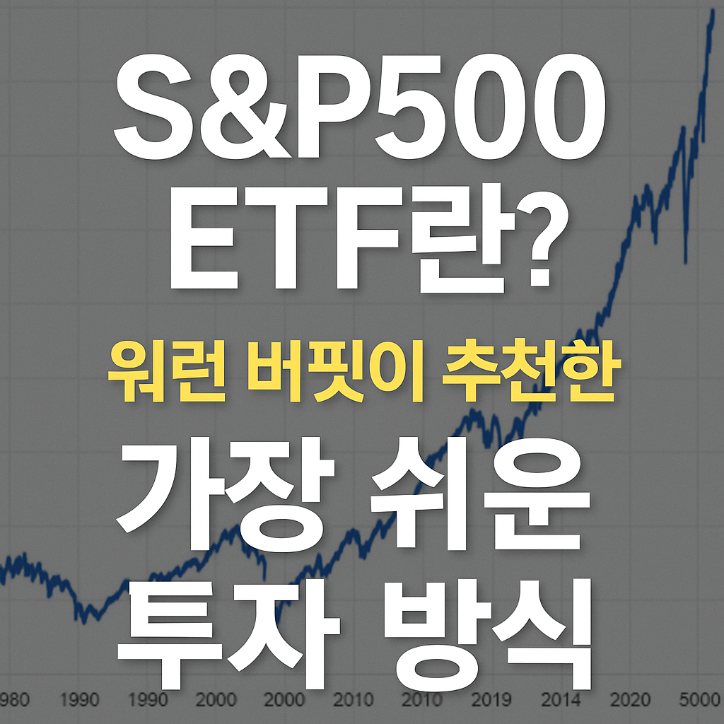 S&P500 ETF의 개념과 장점에 대해 소개하는 이미지. 배경에 장기 주가 그래프가 있고, "워런 버핏이 추천한 가장 쉬운 투자 방식"이라는 문구가 강조돼 있음.
