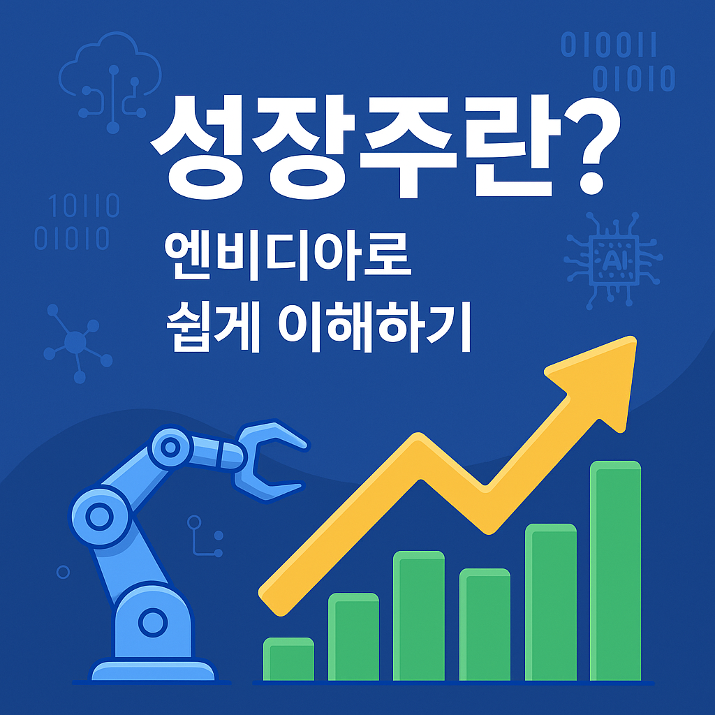 성장주 개념을 엔비디아 사례로 설명하는 콘텐츠 이미지. 파란 배경에 AI, 로봇, 그래프 아이콘과 함께 "성장주란? 엔비디아로 쉽게 이해하기" 문구가 강조돼 있음.