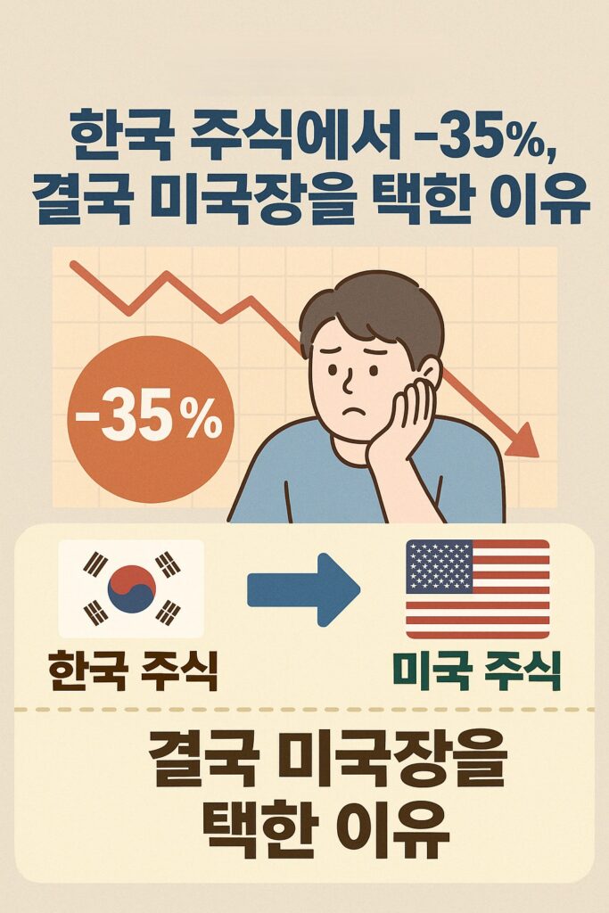 한국 주식에서 -35% 손실 후 미국 주식으로 전환한 개인 투자자의 경험을 표현한 인포그래픽