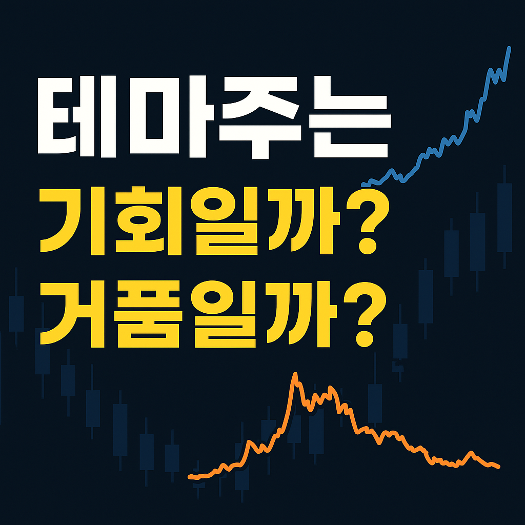테마주에 대한 질문을 강조한 썸네일 – “테마주는 기회일까, 거품일까?”라는 문구가 검은 배경 위에 강하게 배치되어 있고, 배경에는 상승과 하락을 상징하는 그래프 실루엣이 깔려 있다.