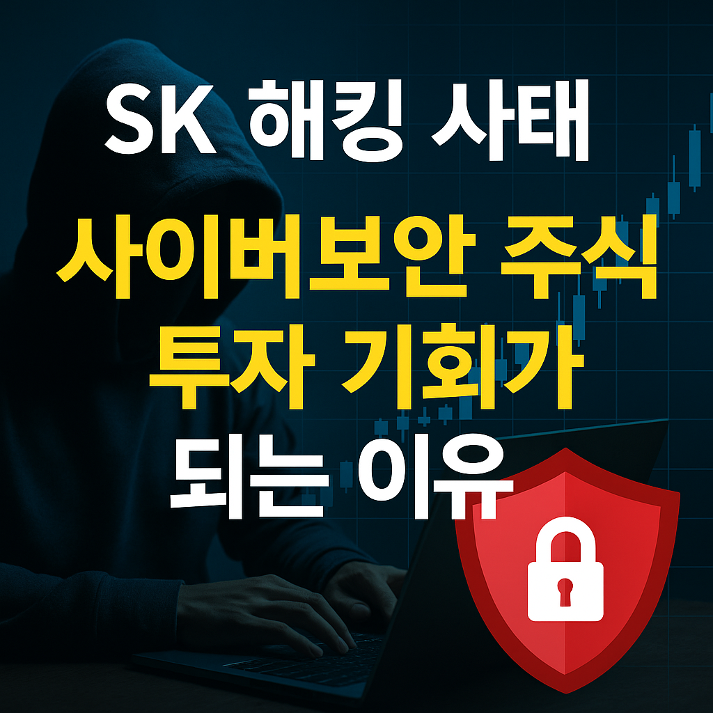 SK 해킹 사태와 사이버보안 주식 투자 기회를 주제로 한 블로그 썸네일 이미지, 해커와 자물쇠 아이콘이 함께 배치된 디자인