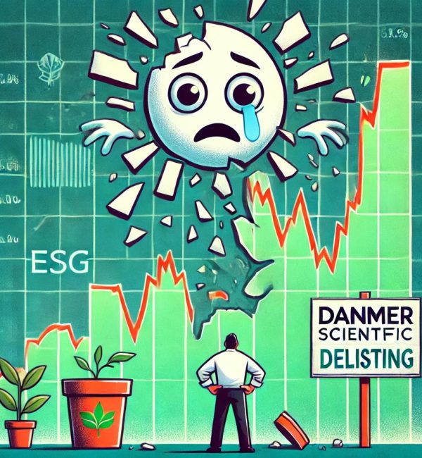 눈물 흘리는 캐릭터와 주가 폭락 그래프, ESG 테마 기업 Danimer Scientific의 상장폐지를 상징적으로 표현한 일러스트 이미지.