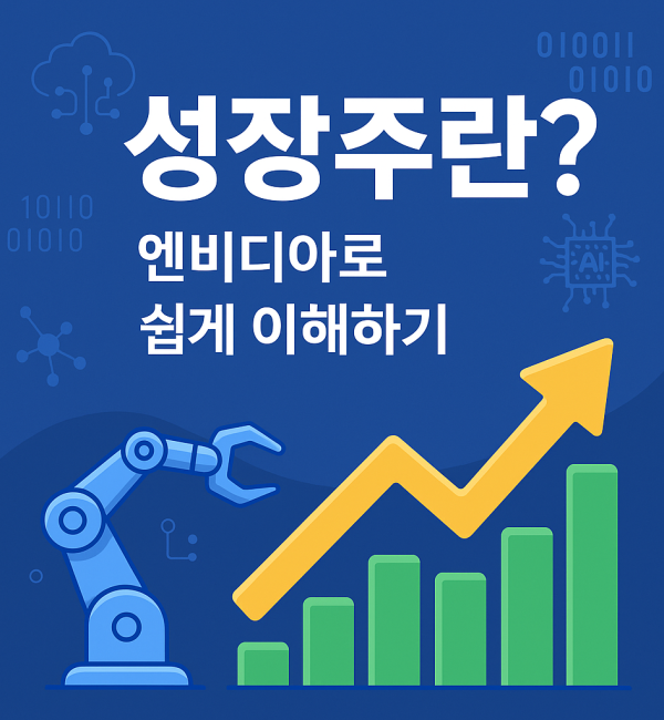 성장주 개념을 엔비디아 사례로 설명하는 콘텐츠 이미지. 파란 배경에 AI, 로봇, 그래프 아이콘과 함께 "성장주란? 엔비디아로 쉽게 이해하기" 문구가 강조돼 있음.