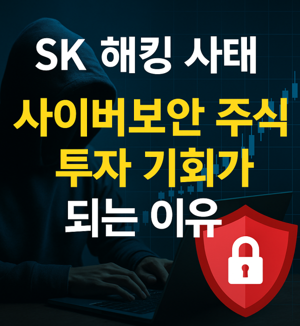 SK 해킹 사태와 사이버보안 주식 투자 기회를 주제로 한 블로그 썸네일 이미지, 해커와 자물쇠 아이콘이 함께 배치된 디자인